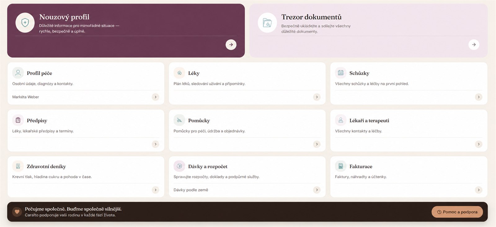 Panel Caralto – nouzový profil, léky, termíny a všechny moduly v přehledu