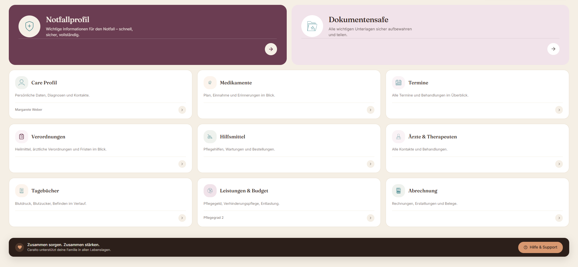 Caralto Dashboard – Notfallprofil, Medikamente, Termine und alle Module im Überblick