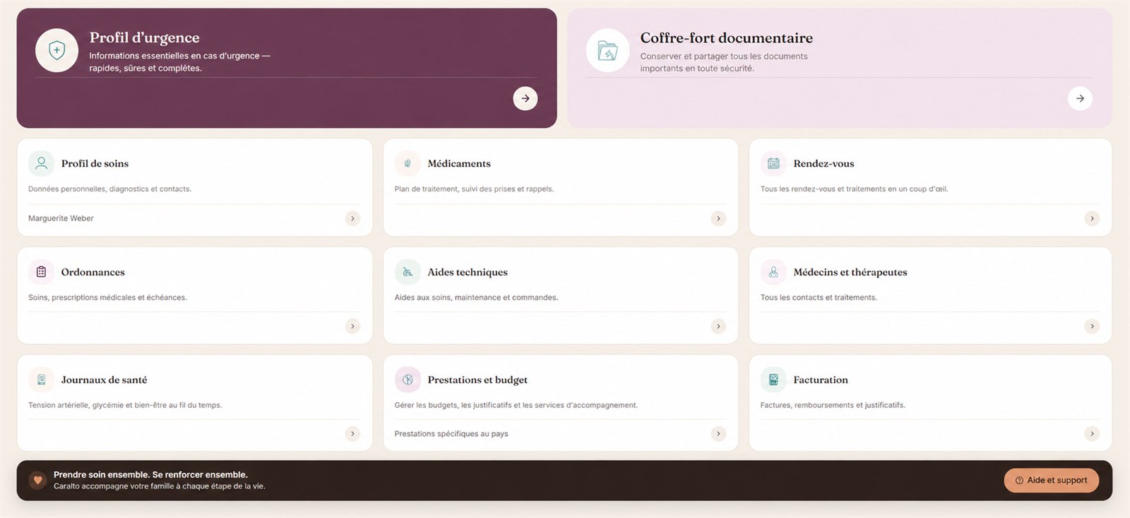 Tableau de bord Caralto – profil d'urgence, médicaments, rendez-vous et tous les modules en un coup d'œil