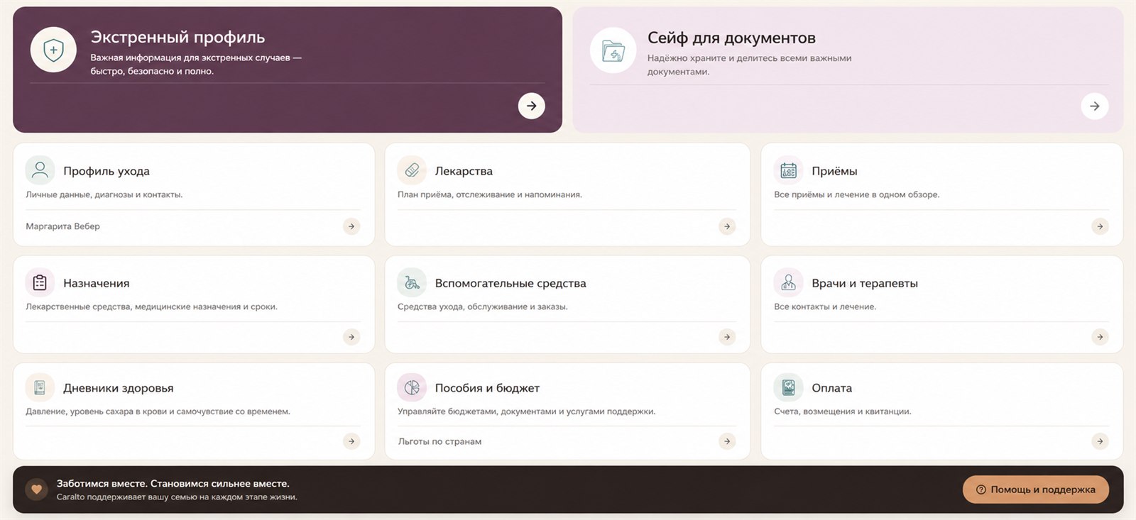 Панель Caralto — экстренный профиль, лекарства, приёмы и все модули с первого взгляда