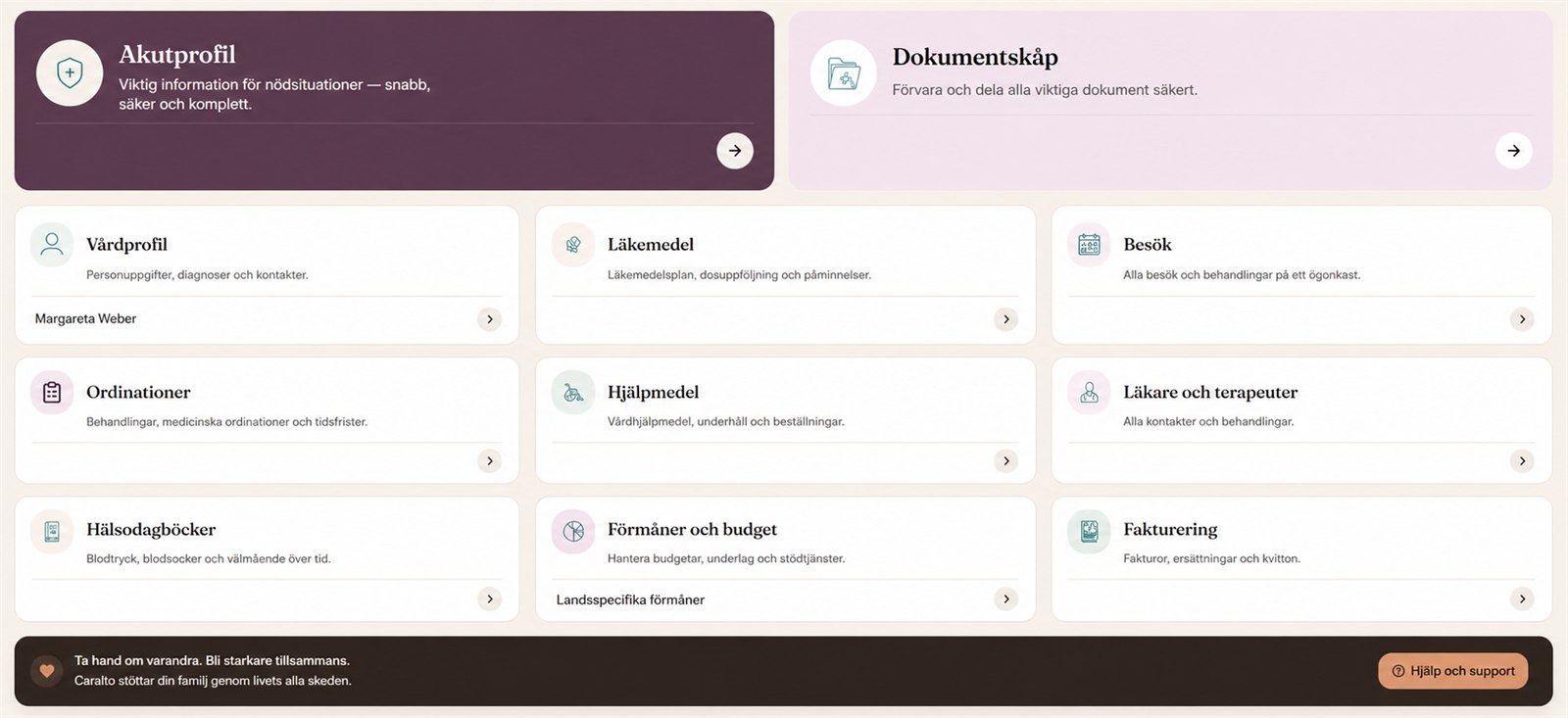 Caralto-instrumentpanel – nödprofil, mediciner, tider och alla moduler i överblick