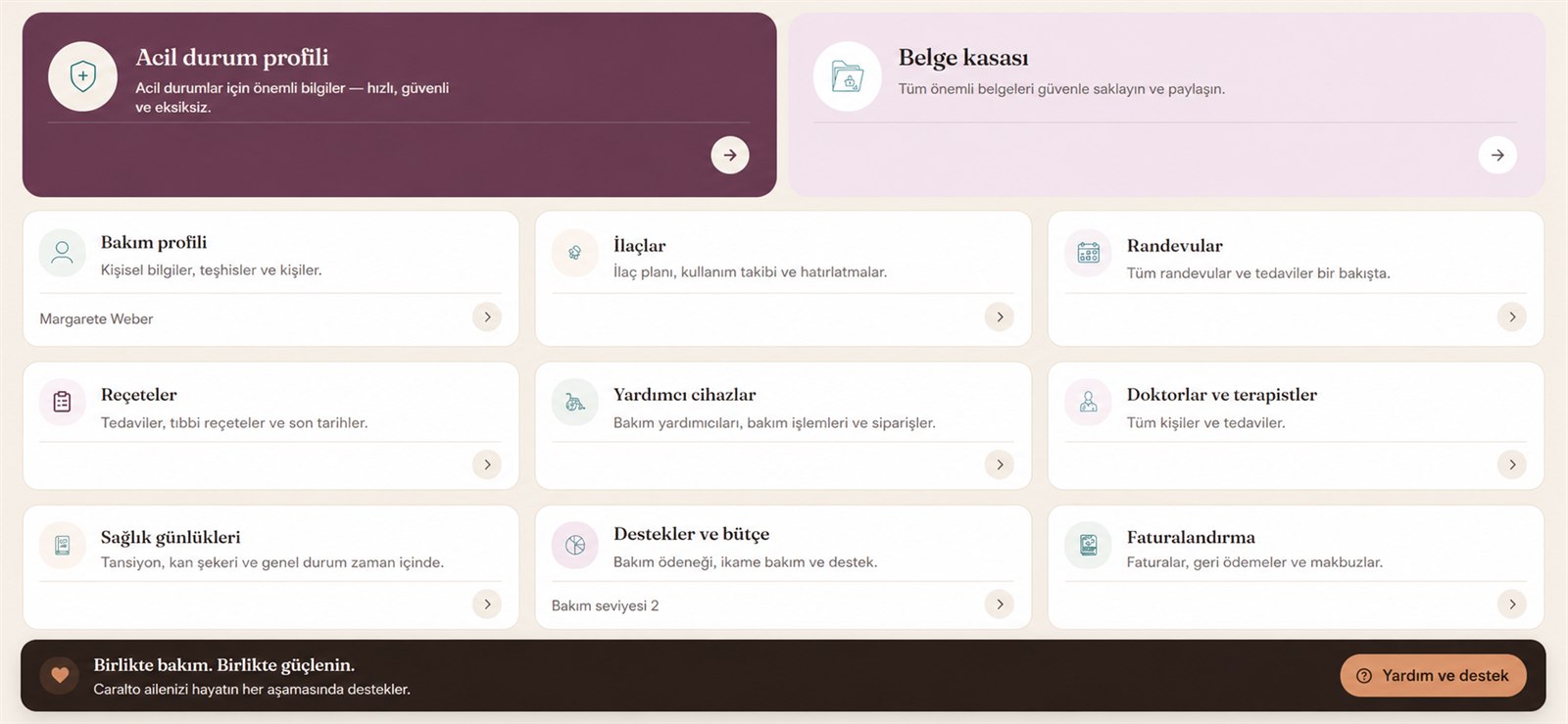 Caralto panosu – acil durum profili, ilaçlar, randevular ve tüm modüller bir bakışta