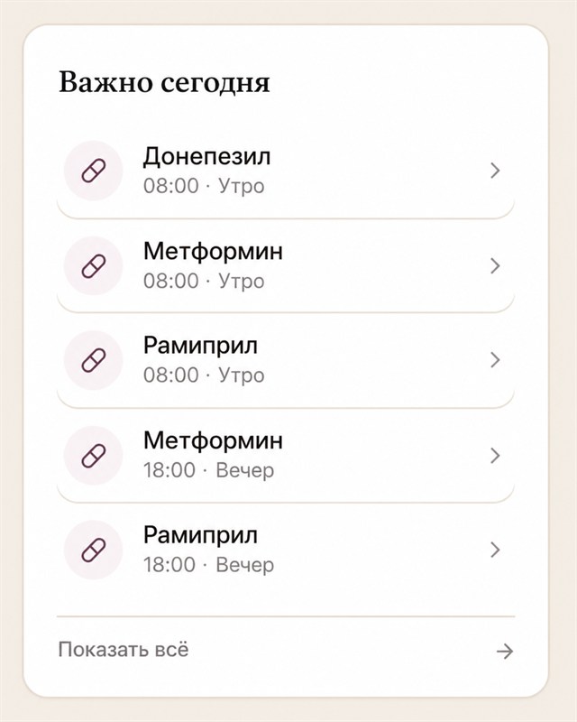 Caralto — вид «Важно сегодня» с лекарствами и временем